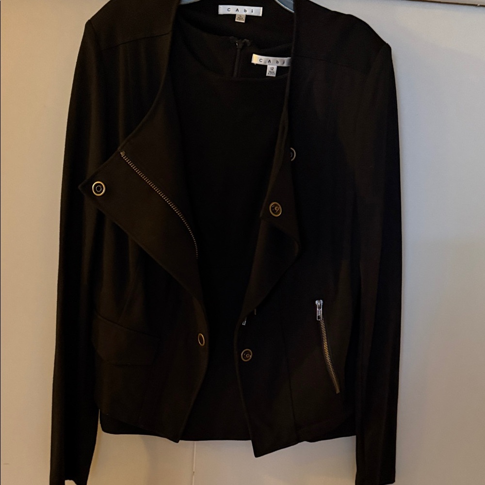 CAbi 3pcs Classic Black ponte knit 3 piece jacket, skirt and tank top suit EUC